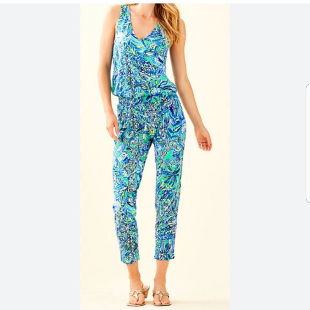 Lily Pulitzer Paulina Jumpsuit, sz L, Bennet Blue Sneak a Peak Print, Teal/blue